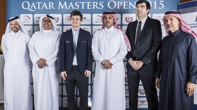 Magnus Carlsen and Vladimir Kramnik pictured at the opening ceremony of the tournament. | photo © David Llada, www.qatarmastersopen.com