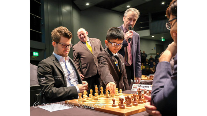 Shreyas Royal makes the first move in Carlsen vs Anand at London Chess 2017. He is also reported to be lined up to make the opening move in a game during this year's World Chess Championships in London. | Photo: John Saunders (@johnchess).