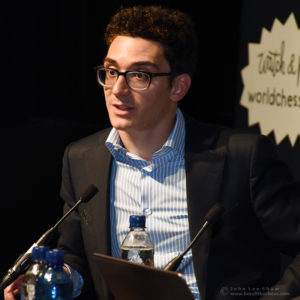 Fabiano Caruana, after Round 11, FIDE World Chess Championship 2018 | Photograph by John Lee Shaw © www.hotoffthechess.com.