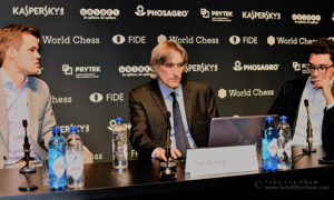 Magnus Carlsen, Daniel King and Fabiano Caruana during the press conference after round five. | Photograph by John Lee Shaw © www.hotoffthechess.com