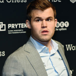 Magnus Carlsen after game six of the FIDE World Chess Championship 2018.