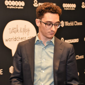 Fabiano Caruana, at the start of game 8, FIDE World Chess Championship 2018 | Photograph by John Lee Shaw © www.hotoffthechess.com.